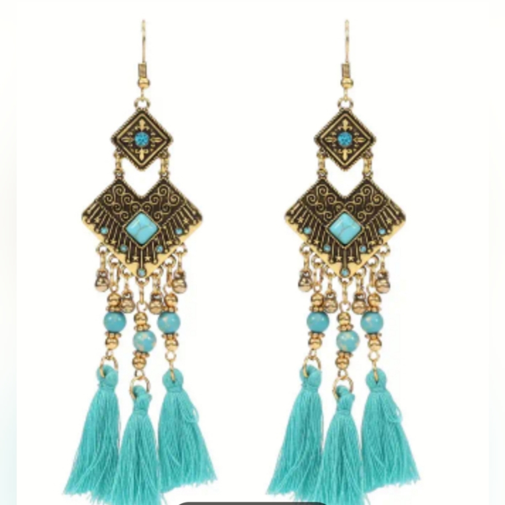 Bohemian tassel dangling earrings in shades of turquoise & gold.
